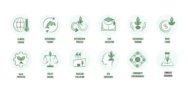 Explore icons promoting rewilding, fundraising, research, climate change awareness, sustainable practices, eco consciousness, education, restoration, pollution control, green innovation, policy change, and community empowerment. clipart