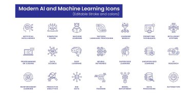 Modern Yapay Zeka ve Makine Öğrenme Simgeleri: Yapay Zeka Uygulamaları ve Araştırmaları için Vektör Satır Simgeleri. Düzenlenebilir Vuruşlar ve Renkler.