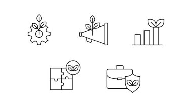 Sürdürülebilir iş geliştirme, çevre dostu uygulamalar, büyüme stratejileri, güvenli operasyonlar ve yeşil pazarlamayı modern, sorumlu iş yönetiminin temel bileşenleri olarak gösteren bir simge seti.