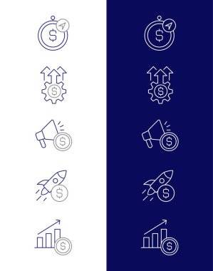 An icon set depicting the pillars of financial growth and business success, emphasizing the importance of investments, marketing strategies, and profitability in strategic financial management. clipart