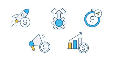 Ticari başarı, yatırım, karlılık ve stratejik pazarlamaya odaklanan önemli finansal taktikler sergileyen bir ikon koleksiyonu. Bu simgeler finansal büyümede etkili bir planlama yansıtır