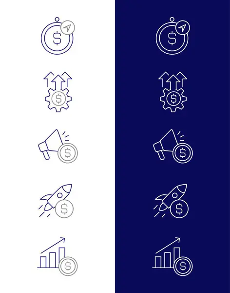 Yatırımların, pazarlama stratejilerinin ve stratejik mali yönetimde karlılığın önemini vurgulayan, mali büyüme ve iş başarısının temellerini anlatan bir simge seti.