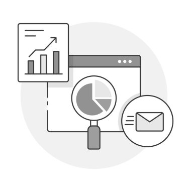 Dijital pazarlamanın anahtar bileşenlerini gösteren dinamik bir simge, veri analizi, performans ölçümleri ve iletişim optimizasyonunu içerir.