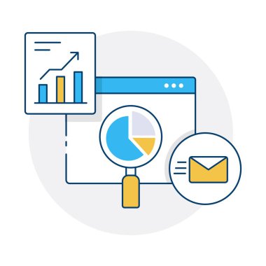 Performans takibi, veri yorumlaması ve etkili mesajlaşma stratejilerine odaklanan, dijital pazarlama analizlerini gösteren ayrıntılı bir simge.