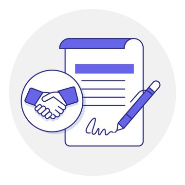 Başarılı iş anlaşmalarını temsil eden, sözleşme imzalamanın, ortaklıkların ve profesyonel ilişkilerin geliştirilmesinde resmi belgelerin önemini vurgulayan bir illüstrasyon