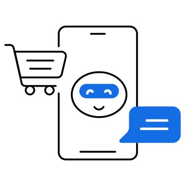 Alışveriş arabalı bir mobil cihazda e-ticaret sohbet robotu, yapay zekayı perakende, akıllı alışveriş ve müşteri hizmetleri otomasyonunda sembolize ediyor..