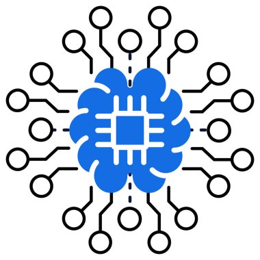 Devre kartı ve bağlantıları olan yapay zeka teknolojisi, sinir ağları ve dijital veri alışverişini gösteren yapay zeka destekli ağ simgesi.