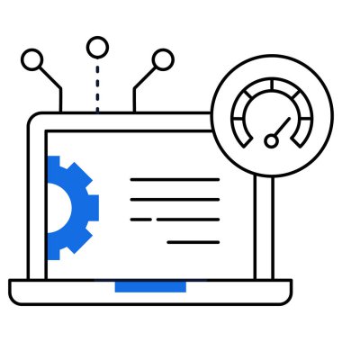 Laptop ve hız göstergesine sahip yüksek performanslı bilgisayar simgesi, optimize bilgisayar, teknoloji performansı ve dijital verimliliği sembolize ediyor.