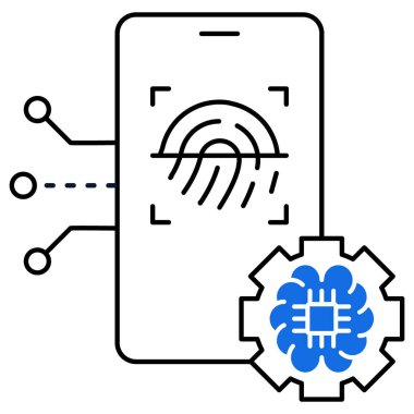 Mobil cihazdaki yapay zeka parmak izi tanıma simgesi, biyometrik güvenliği, yapay zeka doğrulamasını ve akıllı teknolojiyi sembolize ediyor..