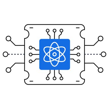 Atom sembolü ve devre kartı ile kuantum hesaplama, kriptografi, yapay zeka ivmesi, iklim modelleme ve uyuşturucu keşiflerindeki gelişmeleri vurgulayan bir simge.