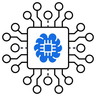 Birden fazla bağlantıya sahip bir nöral ağ çipinin simgesi, yapay zeka ağlarını, makine öğrenmesini ve gelişmiş bilgisayar sistemlerini sembolize eder.