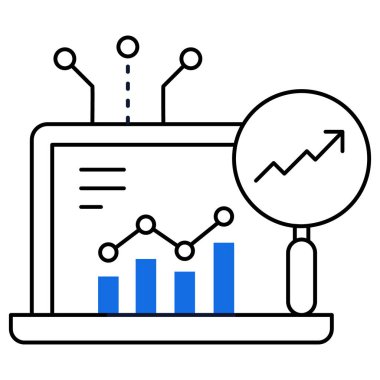 Veri analizi ve makine öğrenme grafiklerine sahip bir laptop simgesi, yapay zeka analitiği, veri bilimi ve öngörü modellemesini temsil eder.