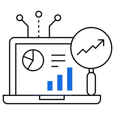 Veri analizi ve yapay zeka işleme, yapay zeka analizi, makine öğrenmesi ve iş zekasını sembolize eden bir dizüstü bilgisayar simgesi.