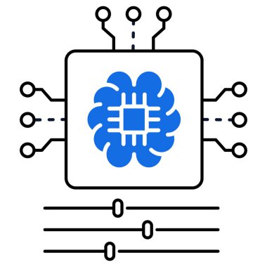 Bir devre kartı ve kaydıracı ile yapay zeka işlemciliğini görselleştiren bir simge, makine öğrenmesini, veri ayarlamasını ve yapay zeka kullanan analitiği sembolize eder.