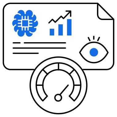 Gösterge paneli ve görsel veri ile yapay zeka analitiği, altı çizili makine eğitimi, öngörü analitiği, iş zekası ve veri odaklı kararları gösteren bir simge.