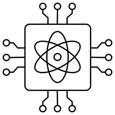 Atom sembolü ve devre kartı ile kuantum hesaplamasını gösteren bir simge, kuantum algoritmaları, kriptografi, yapay zeka ivmesi ve ileri bilimsel araştırmaları vurguluyor..