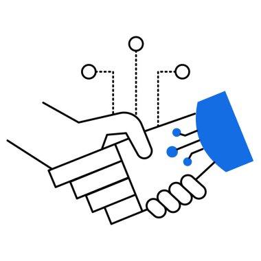 Yapay zeka ile robot arasındaki yapay zeka tokalaşmasını, yapay zeka ortaklıklarını, işbirlikçi robotları, insan-yapay zeka işbirliğini ve teknoloji güdümlü anlaşmaları tasvir eden bir simge.