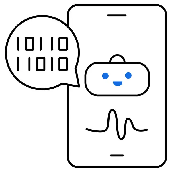 İkili kodlu gezici bir sohbet robotunu gösteren bir simge, yapay zeka destekli konuşmayı, dijital asistanları ve otomatik müşteri hizmetlerini temsil ediyor..