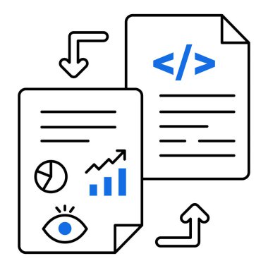 Kod İnceleme ve Analitik Bütünleşme Simgesi Tasarımı. Verimliliği, veri yönetimini, güvenliği, modern arayüzü temsil ediyor. Düzenlenebilir Vuruşlu Vektör simgesi.