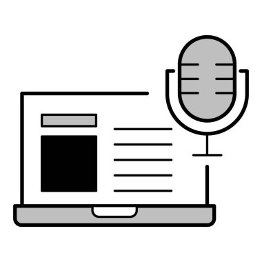 Laptop ve mikrofon. Podcast veya Ses İçeriği Oluşturma. Vektör Simgesi.