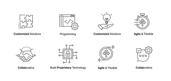 Teknoloji Çözümleri, Yazılım Mühendisliği ve Proje Yönetimi için Özelleştirilebilir Agile Geliştirme ve İşbirliği Simgeleri. Çevik ve Esnek Simgeler. Özel Çözümlerle Tescilli Teknoloji Oluştur.