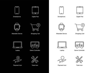 Elektronik Aygıtlar ve Hizmetler Simgeleri: Cep telefonu, Tablet, Bilgisayar, Konsol Oyunu, Smartwatch, Satın Al, Sat ve Onarım - Black and Whit
