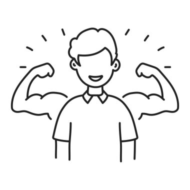 Güçlü bir adamın kaslarını esneten, gücü, zindeliği ve kendine güveni simgeleyen resmedilmiş bir ikonu. Spor salonu, motivasyon ve güçle ilgili görseller için mükemmel..