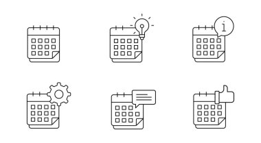 İş Takvimi Simgeleri Ayarlandı. Olay Zamanlaması, Fikir Planlama, Bilgi Güncellemeleri, Sistem Yapılandırması, İletişim İzleme ve Onay Yönetimi. Düzenlenebilir Vuruşlu Satır Simgeleri.