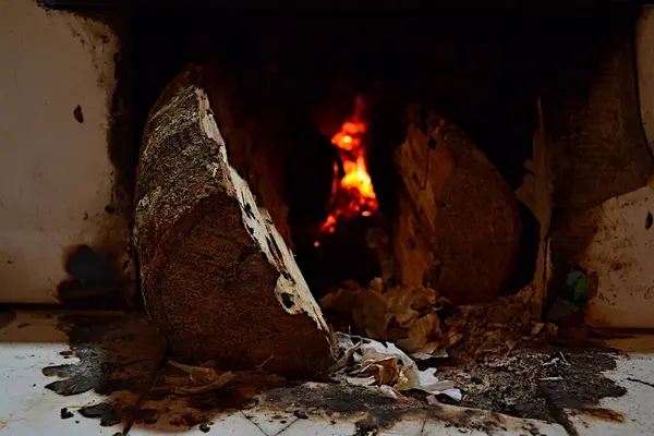 Firewood in the wood stove burning. Farm and simple life concept in the countryside