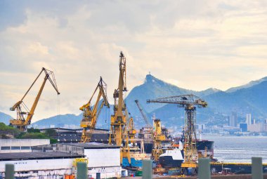 Turna, Rio de Janeiro 'da yoğun bir limandaki konteynıra ağır yük taşıyor. Arka planda Kurtarıcı İsa var..