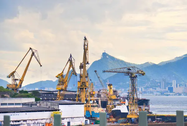 Turna, Rio de Janeiro 'da yoğun bir limandaki konteynıra ağır yük taşıyor. Arka planda Kurtarıcı İsa var..