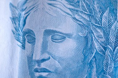 Brezilya parası işte. Para, Reais, Brezilya Real, Brezilya. 100 reais 'lik banknotu kapat. 100 reais banknotun Macro fotoğrafı.