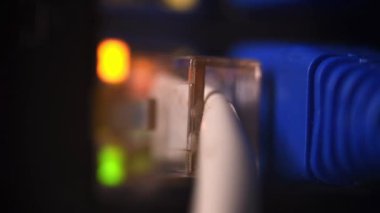 İnternet kablosu, patchcord, router kablosu, web erişimi. Işıklar açıkken internet kablosu yönlendiriciye bağlandı.