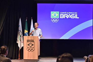 Rio de Janeiro, Brazi - 12.03.2024: The mayor of Rio de Janeiro, Eduardo Paes, during the delivery of the letter that officializes the candidacy of the cities of Rio de Janeiro and Niteroi to host the 2031 Pan American Games. clipart