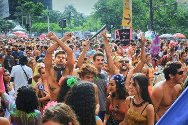 Brezilya 'nın Rio de Janeiro kentindeki sokak karnavalı sırasında insanlar eğleniyor. Sokak karnavalı Boi Tat ve Bloco Boi Tolo. Rio de Janeiro, Brezilya - 03.02.2025