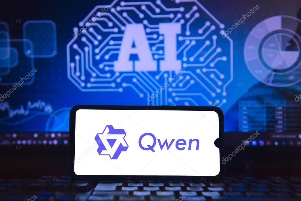 Qwen logo on a cell phone screen with an image of artificial intelligence with integrated circuits, highlighting cutting-edge neural technology in the background. Rio de Janeiro, Brazil: 03.29.2025