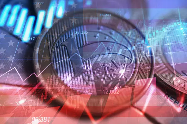 Tahvil ve borsada mali ve yatırım grafikleri. Portföy yönetimi, risk çeşitlendirme kavramına sahip uzun vadeli zenginlik yönetimi. Arka planda, Brezilya para birimi (Real)