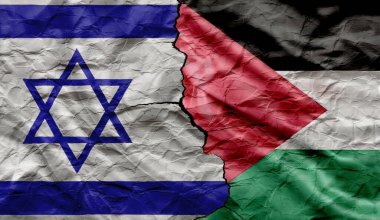 Kırık kağıt üzerinde Filistin ve İsrail bayrakları. Ülkeler arasındaki çatışma, vergi politikası ve ikili ilişkiler, ülkeler arasındaki barış ve çatışma kavramı, geçmiş için harika