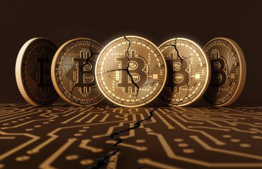 Devre kartının arka planında kırılmış ya da kırılmış Bitcoin paraları. Bitcoin devalüasyonu ve Bitcoin kazası kavramı. 3B görüntüleme