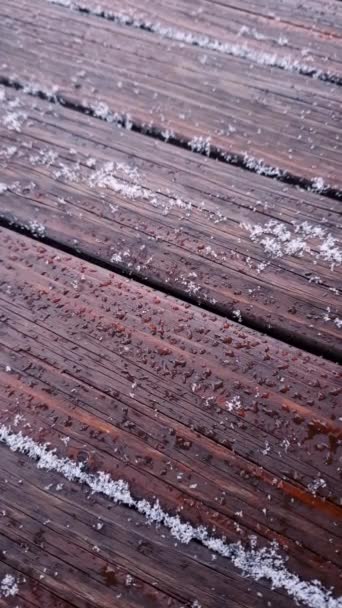 Change Seasons Weather Beginning Snowfall Snowflakes Fall Wooden Table Snow — Stok Video