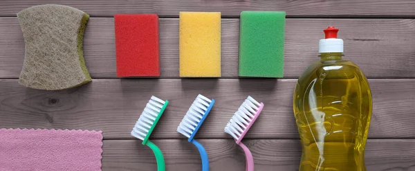 Banner Cleaning Tools Top View Kitchen Cleaning Sponges Brushes Detergent — Stock Photo, Image