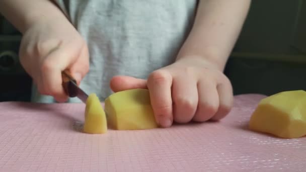 Mädchen Schneidet Kartoffeln Mit Messer Nahaufnahme Kinderhände Bewegung Kind Bereitet — Stockvideo