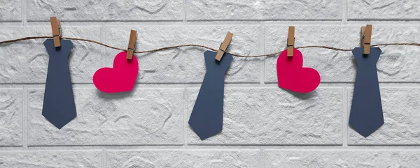 Funny banner for Father\'s Day, birthday, bachelor party, wedding, Valentine\'s Day. Garland of ties and hearts. Preparation for holiday. Header for website, blog, advertisement, flyer, poster.