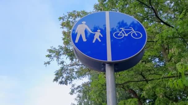 分隔踏板单车及行人路线路标 交通标志白色的自行车和轮廓的男子与孩子在蓝色的圆圈 积极休闲和健康生活方式的概念 — 图库视频影像