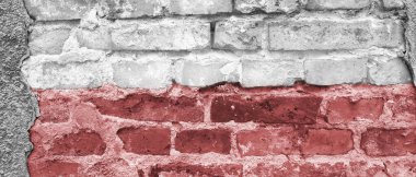 Polonya bayrağı taşıyan pankart. Duvarda Polonya bayrağı var. Beyaz ve kırmızı şerit. Bağımsızlık günü, anayasa. Polonya ordusu günü. Web sitesi, blog, broşür, makale başlığı.