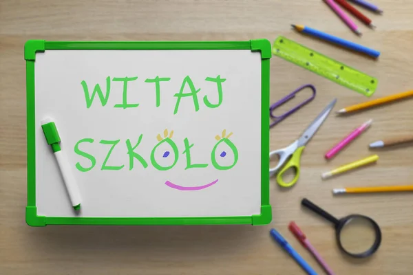 Back School Text Polish Whiteboard Inscription Background School Supplies Top — Stock Photo, Image