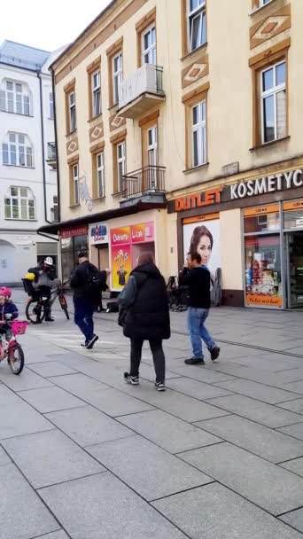 Calle Peatonal Principal Una Ciudad Europea Gente Pasa Por Delante — Vídeos de Stock