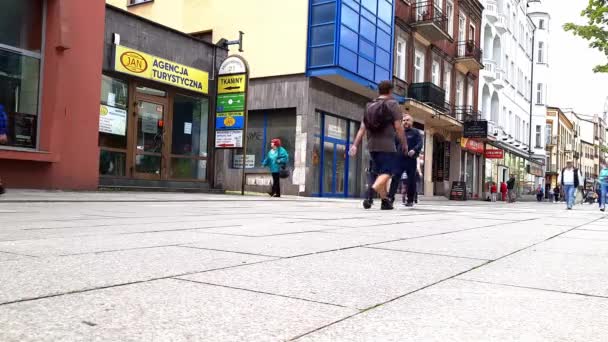 Voetgangersstraat Mensen Lopen Tegen Achtergrond Van Straat Dagelijks Stadsleven Europa — Stockvideo