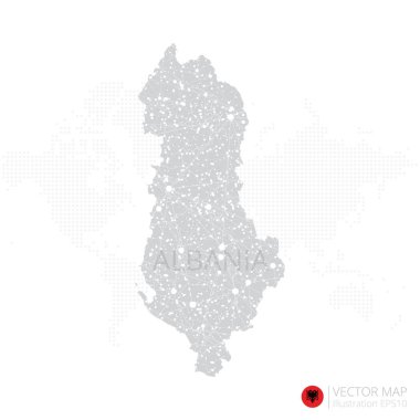 Arnavutluk 'un gri haritası soyut ağ çizgisi ve nokta pullarıyla beyaz zemin üzerinde izole edildi. Vektör illüstrasyonu 10
