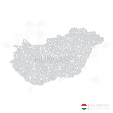 Macaristan 'ın gri haritası beyaz zemin üzerinde soyut ağ çizgisi ve nokta pullarıyla izole edildi. Vektör illüstrasyonu 10